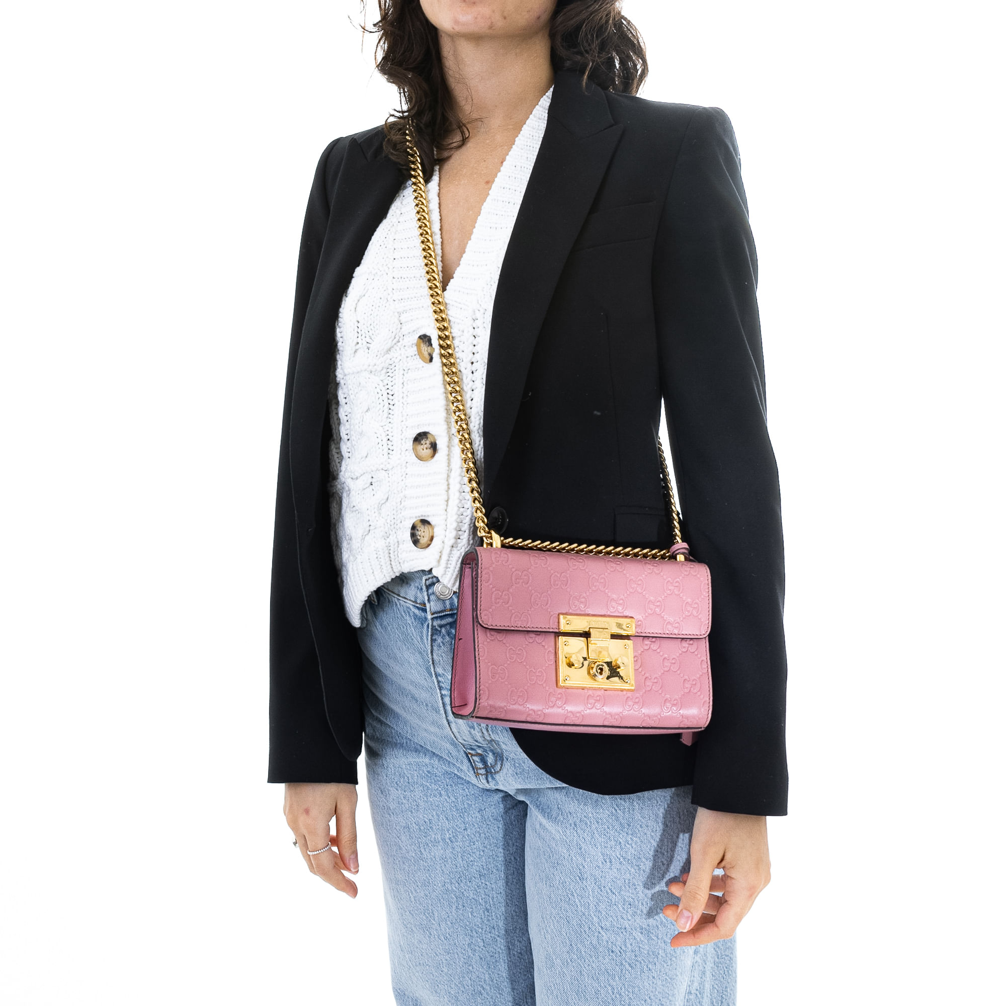 Bolsa Gucci Signature Padlock Couro Rosa Brechó de luxo prettynew