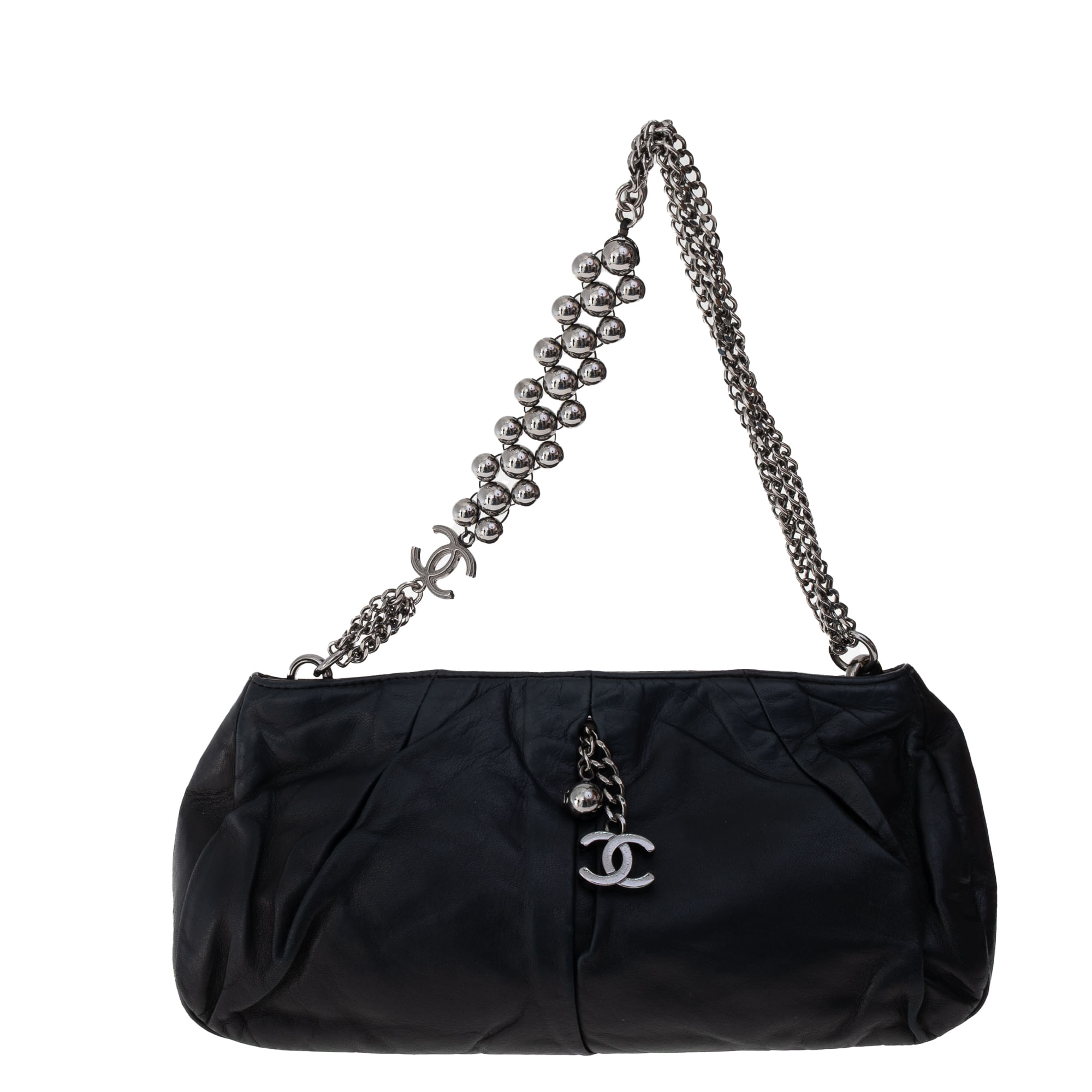 chanel chanel vintage couro preto e logo prateada black medium
